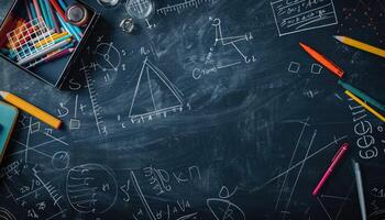 A Black Chalkboard Covered in Handwritten Math Equations and Geometric Shapes with Assorted Colored Pencils and Pens photo