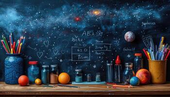 A Still Life with Classroom Supplies Against a Chalkboard Depicting a Galaxy photo