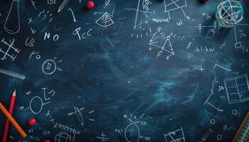 A Blackboard Covered in Chalk Drawings and Objects photo