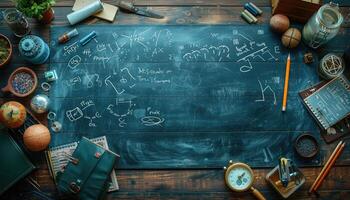 A Vintage Desk with a Blackboard and Assorted Objects photo