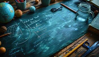 A Slate Blackboard Covered in Handwritten Notes, Surrounded by Globe, Pencil, and a Glass Jar photo