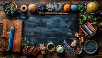 A Black Chalkboard Surrounded by an Array of Colorful Objects on a Wooden Table photo