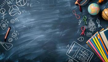 Chalkboard with School Supplies and Globe photo