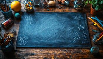 Empty Blackboard with Chalk Drawings and Assorted Art Supplies on a Wooden Table photo