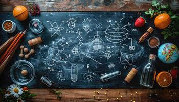 Chalkboard with Scientific Diagrams and Assorted Objects photo