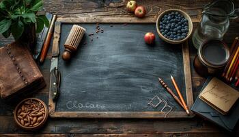 Vintage Blackboard with Rustic Objects and Chalkboard Writing photo