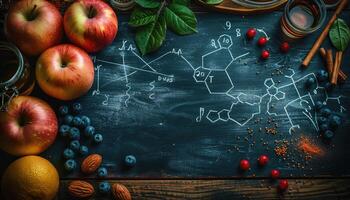 Apple, Berries, Honey, and Cinnamon on a Black Chalkboard with Molecular Formula photo