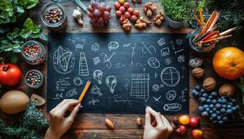 Person Drawing Diagrams on a Blackboard with a Pencil Surrounded by Various Objects photo