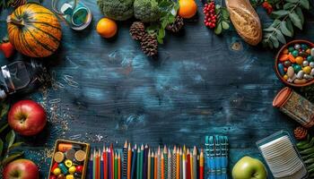 Autumnal Still Life with Colorful Objects Surrounding a Blue Wooden Surface photo
