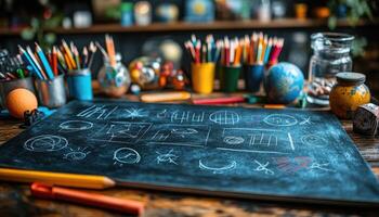 Chalkboard with Drawings and Art Supplies on a Wooden Table photo