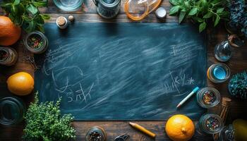 Chalkboard with Oranges, Jars, and Greenery on Wooden Table photo