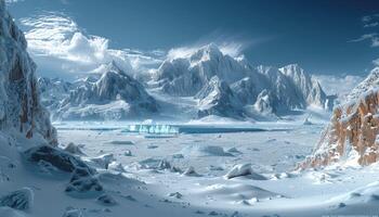 A Snowy Mountain Range with a Frozen Lake in the Foreground photo
