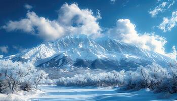 Snow-Covered Mountain Peak with Frost-Covered Trees in Winter photo