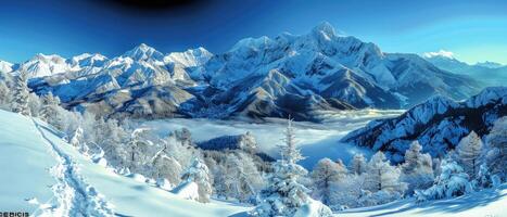 Snowy Mountain Range with Trees and Fog photo