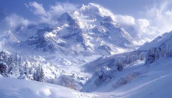 Majestic Snow-Capped Mountain Range with Snowy Trees and Blue Sky photo