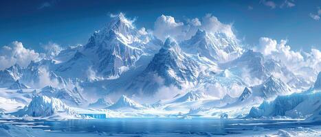 Majestic Snowy Mountain Range with a Frozen Lake in the Foreground photo