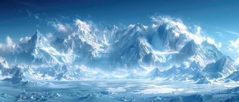 Snow-Covered Mountain Range With Frozen Lake in the Foreground photo