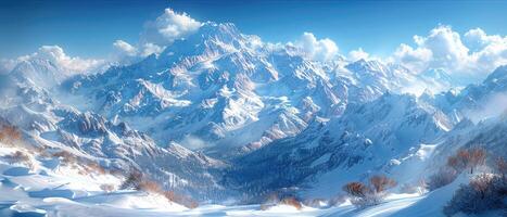 Snowy Mountain Range with Trees in Foreground photo