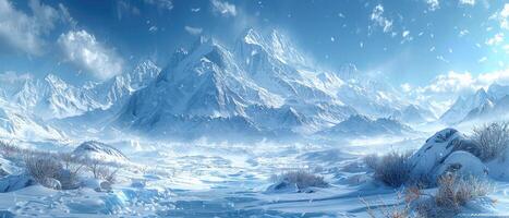Snowy Mountain Range with Blue Sky and Foreground Bushes photo