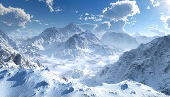 Snow-Covered Mountain Range with Bright Blue Sky and Clouds photo