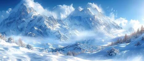 Majestic Snow-Covered Mountain Range with Blue Sky and Fluffy Clouds photo