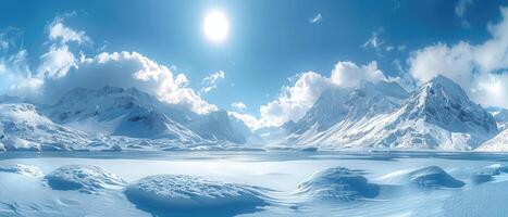 A Stunning View of Snow-Covered Mountains with a Frozen Lake in the Foreground photo