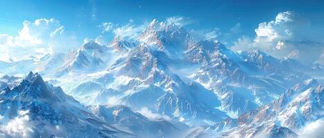 Majestic Snow-Covered Mountain Range Under a Blue Sky with Fluffy Clouds photo