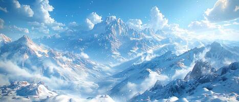 A Snowy Mountain Range with a Blue Sky and White Clouds photo