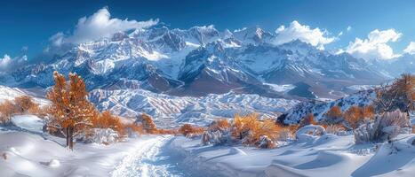 Snowy Mountain Range with Golden Trees in Foreground photo
