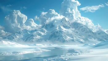 Snow-Capped Mountain Range and Frozen Lake Under a Cloudy Sky photo
