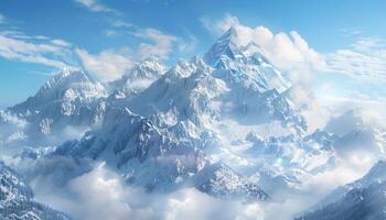 Majestic Snow-Covered Mountain Range with Clouds and Blue Sky photo