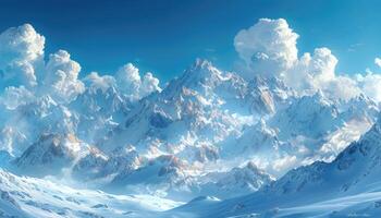 Majestic Snow-Covered Mountain Range Under a Clear Blue Sky with Puffy Clouds photo