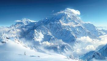 Majestic Snowy Mountain Range with Clear Blue Sky and Clouds photo