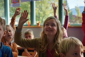 A Young Girl Raises Her Hand in a Classroom Setting photo