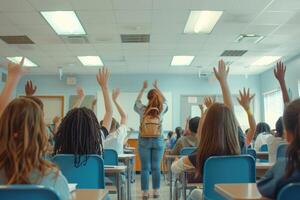 Students with Hands Raised in a Classroom Setting photo