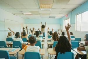 Students in a classroom with their hands raised, eager to answer a question. photo