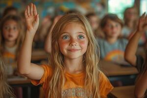 Young Girl with Blonde Hair Raising Her Hand in a Classroom Setting photo