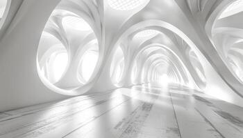 White Architectural Corridor with Circular Windows and a Light at the End photo