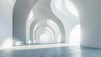 A white, arched hallway with a tiled floor and a view of a bright, white sky photo