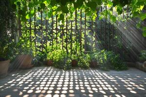 Sunlight casting shadows on green leaves in an indoor setting during late afternoon photo