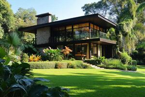 A cozy wooden house surrounded by lush greenery on a cloudy day in a tranquil setting photo
