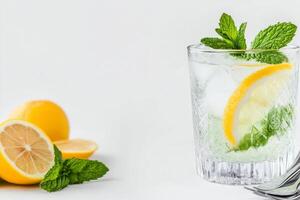 Refreshing lemon mint drink served in a clear glass with ice on a white background photo