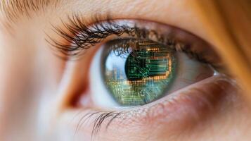 Close up of a futuristic human eye with circuitry at a technology exhibition photo