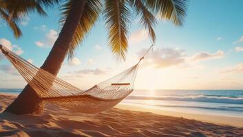 Relaxing hammock swaying between palm trees by the beach during a stunning sunset photo