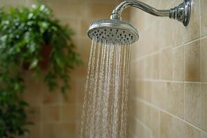 Modern overhead shower with cascading water in a sleek bathroom setting photo