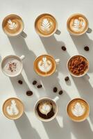 A variety of coffee cups with latte art displayed on a white surface in a cozy cafe setting photo