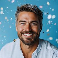 Man smiling joyfully amid colorful confetti with a blue background during a celebration photo