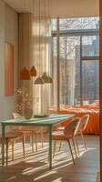 Cozy and modern dining area with natural light and stylish furniture in a bright interior setting photo