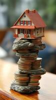 Stacked coins supporting a model house representing financial investment and real estate market photo