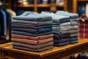 Stacked folded shirts in various patterns displayed on a wooden table in a retail store photo